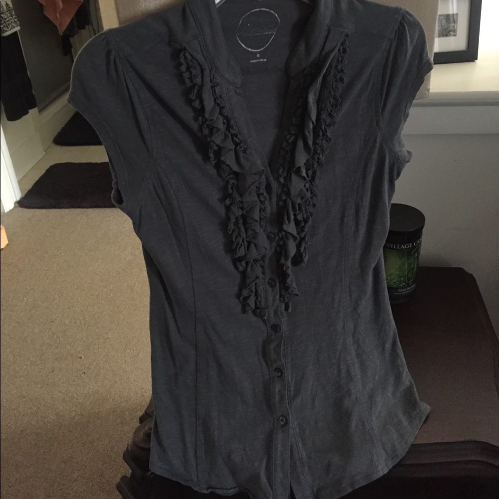 Grey Cotton Button down Short Sleeve Blouse, Sz M